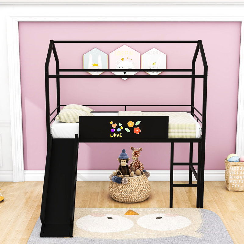 Twin Metal House-Shaped Loft Bed With Slide And Writing Board, Black