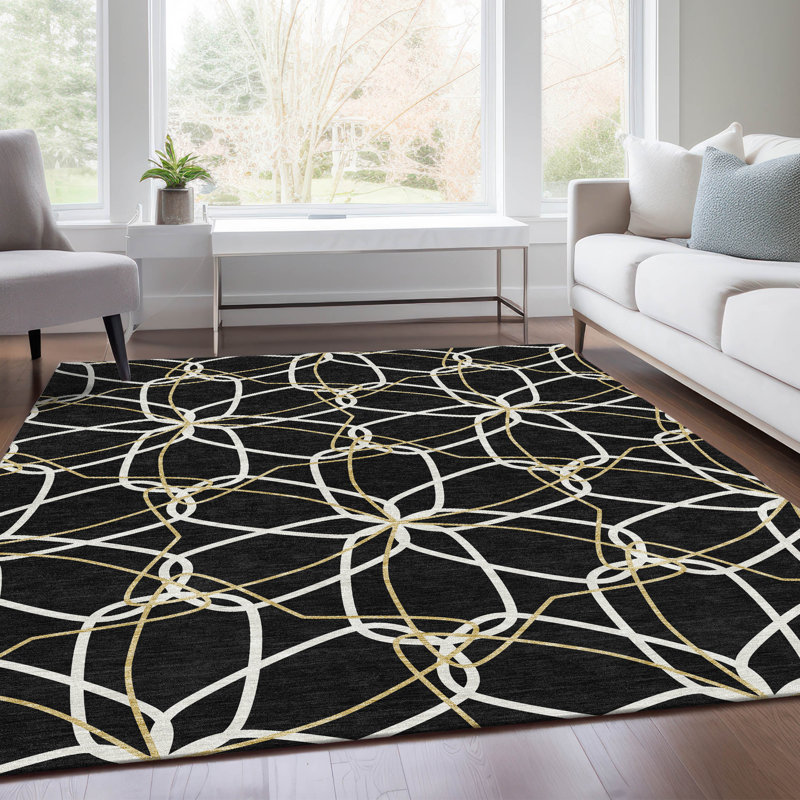Premium Machine Washable Prisco Black Rug, Rectangle 5' x 7'6"