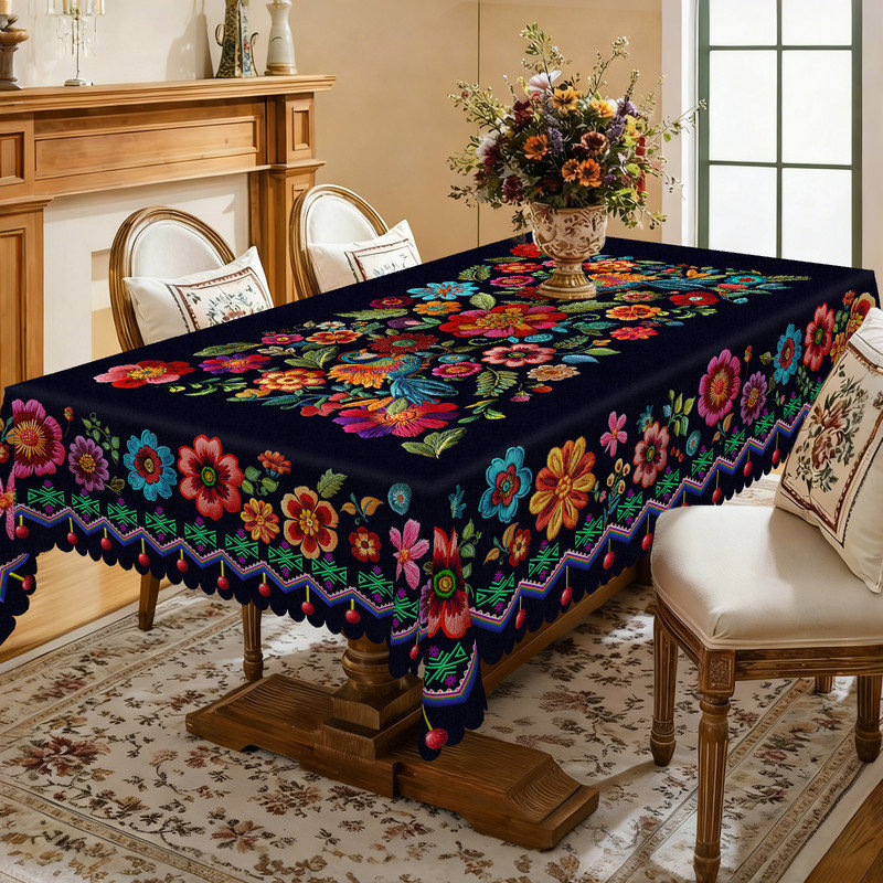 Floral Pattern Design Washable Black Polyester Tablecloth, 86.6" L x 70.8" W