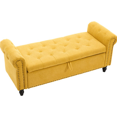 Storage Bench 55.12 Inches. . Upholstered Fabric. Button . For Living Room And Bedroom. 275lbs Weight Capacity. Linen. Rivets. Pull Point. Mustard Yellow In Bedroom Room. Rivets Design.