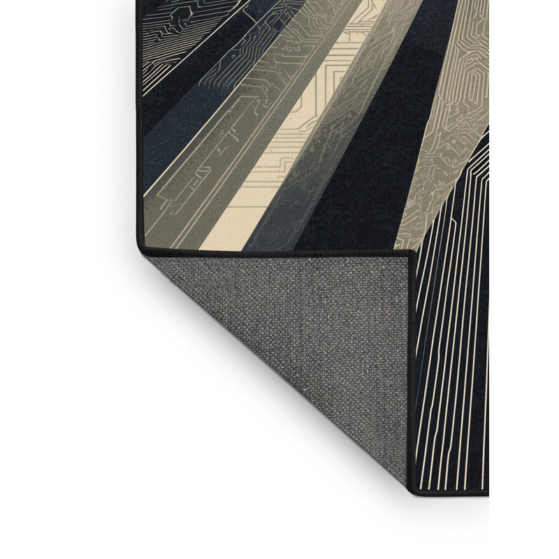 Tapis moelleux et moelleux à motif géométrique moderne et futuriste en noir - Reliure noire, 5 x 7