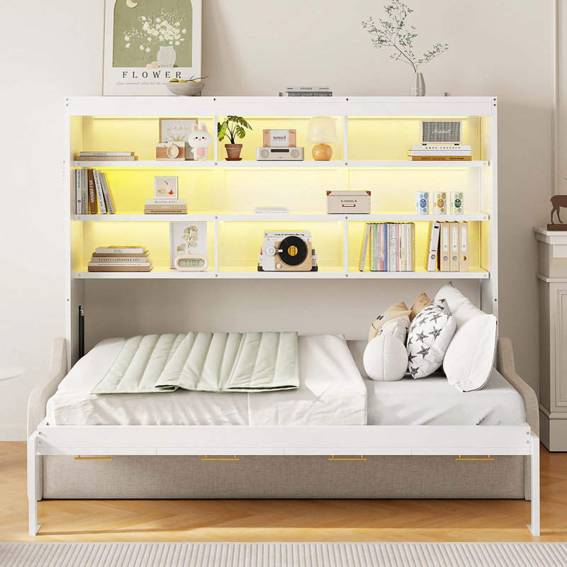 Lit armoire avec canapé escamotable Murphy, tablettes de rangement intégrées et lumière DEL, Full