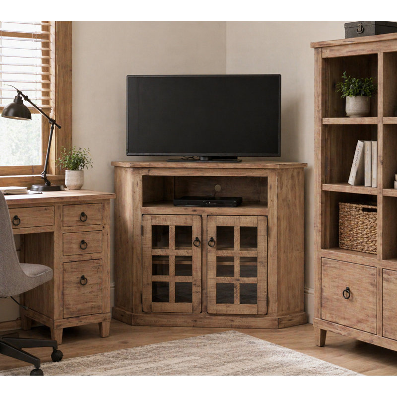 Meuble télé de coin en bois massif pour téléviseur de 55 po ou moins Campos, Blanc doux rustique