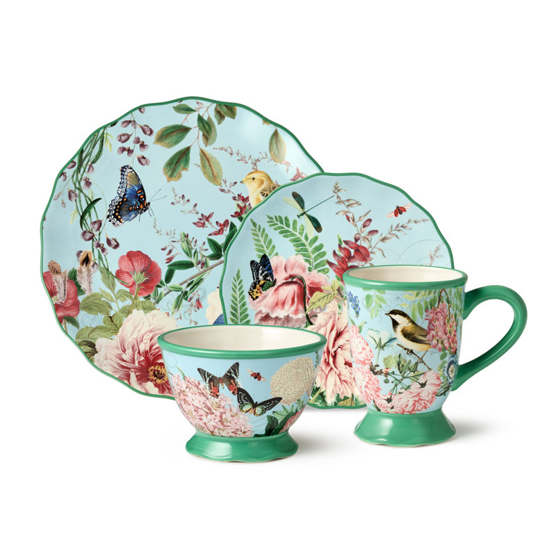 Service de table 16 pièces Flora, service pour 4 personnes - Comprend des assiettes à dîner, des assiettes à dessert, des tasses à piédestal et des bols à crème glacée piédestal avec des motifs floraux inspirés de la nature
