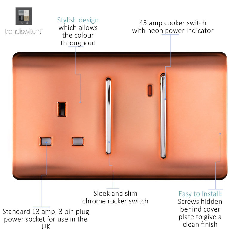 Trendi Switch 45 Amp Cooker Switch & 13 Amp Plug Socket with Neon, Copper