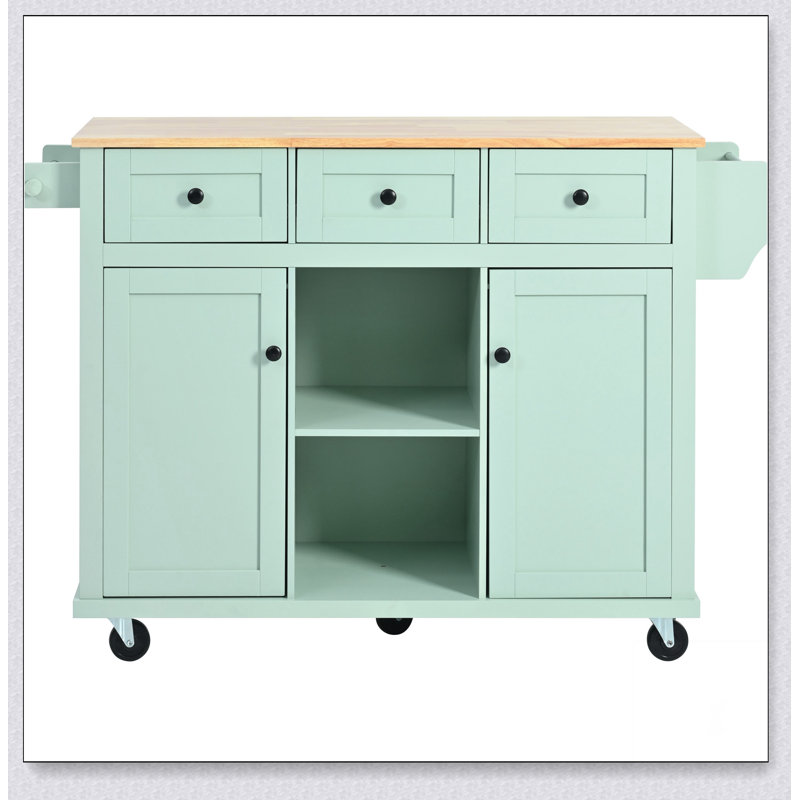 Chariot de cuisine avec comptoir à abattants en bois d'hévéa, porte d'armoire, supports de rangement internes et 5 roulettes pour faciliter le déplacement et l'organisation