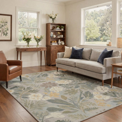Acker Blossom Floral Machine Washable Beige / Green Indoor Area Rug with Non-Slip Backing