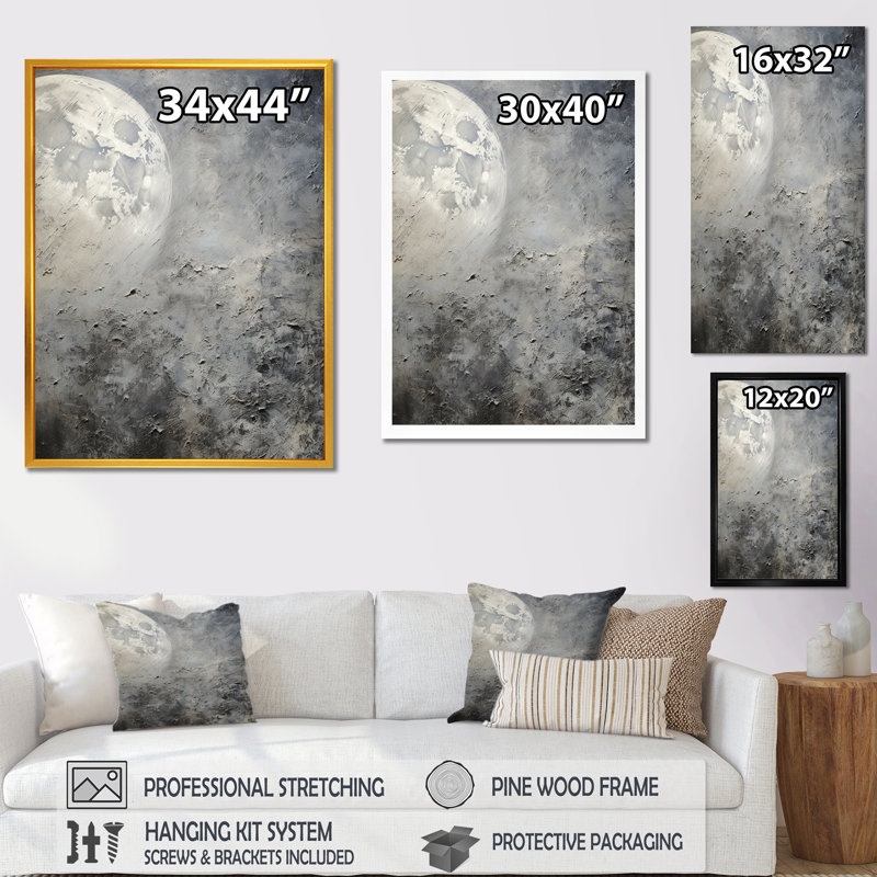 Minimalism Grey Moon Surface 4 - Tachisme Wall Art, Black Single Picture Framed, 20" H x 12" W x 1" D