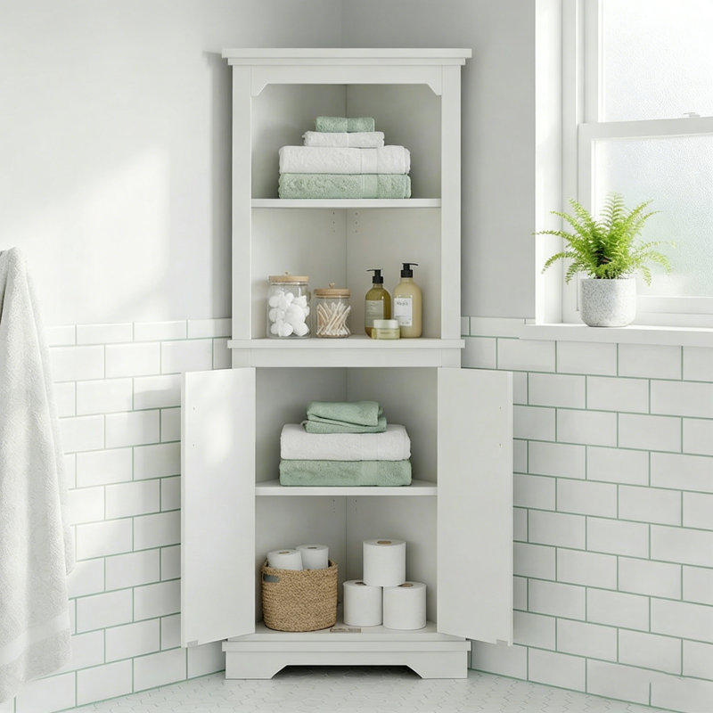 69" Tall Bathroom Corner Cabinet With Open Shelves, Freestanding Storage Cabinet With2 Doors, White