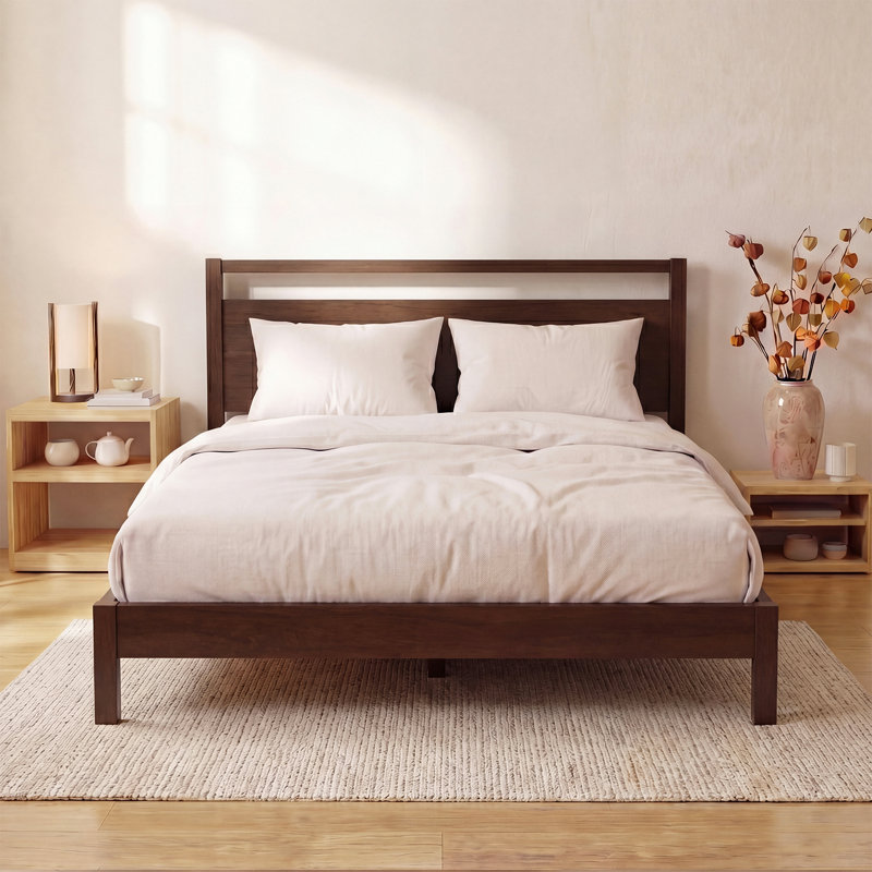 Lit plateforme en bois massif avec tête de lit Signature, double, finition noyer, aucun sommier requis, assemblage facile