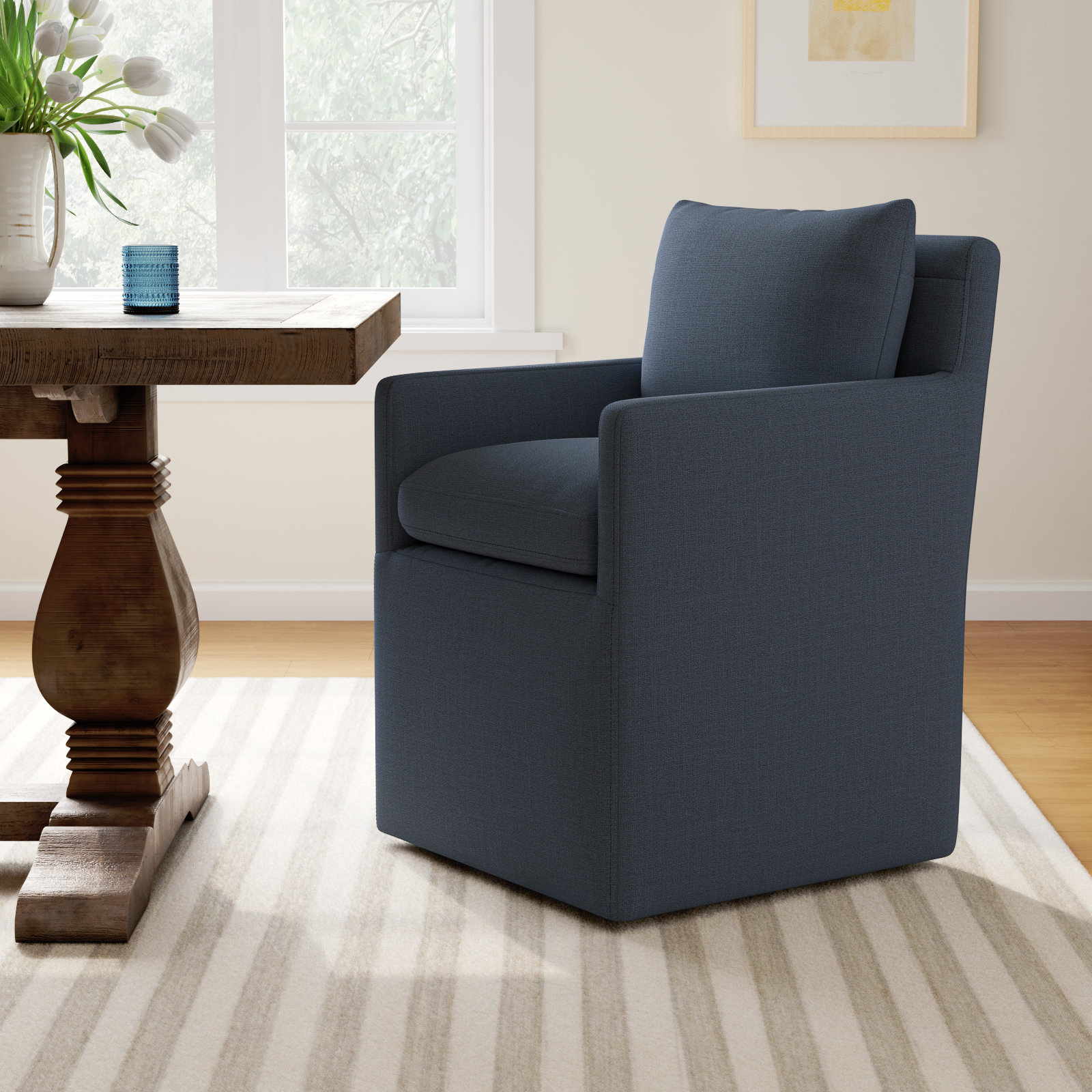 Alayaa Upholstered Arm Chair, Effie Indigo Performance Linen