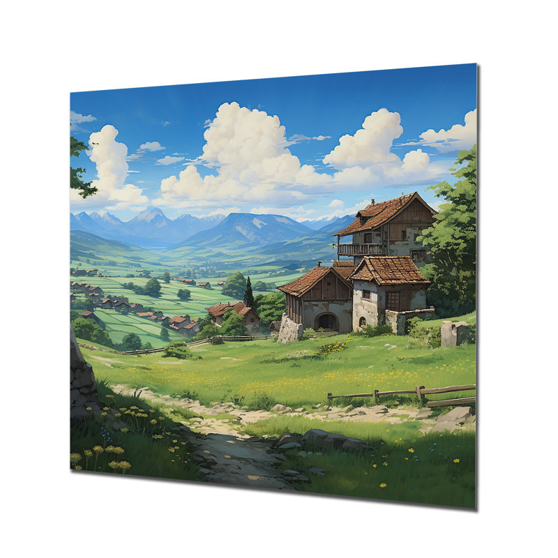 Maison de campagne dans un champ vert, ciel bleu - paysage, art mural, salon, Métal métal, H 30 po x l 30 po x P 1 po