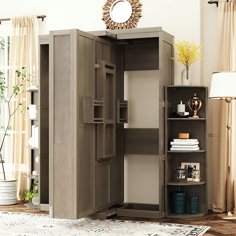 Grand lit pivotant 360 avec un design épuré, deux tablettes et un espace de travail convertible, pour un bureau à domicile multifonctionnel, un espace de travail caché gris à 3 niveaux, de petits espaces,