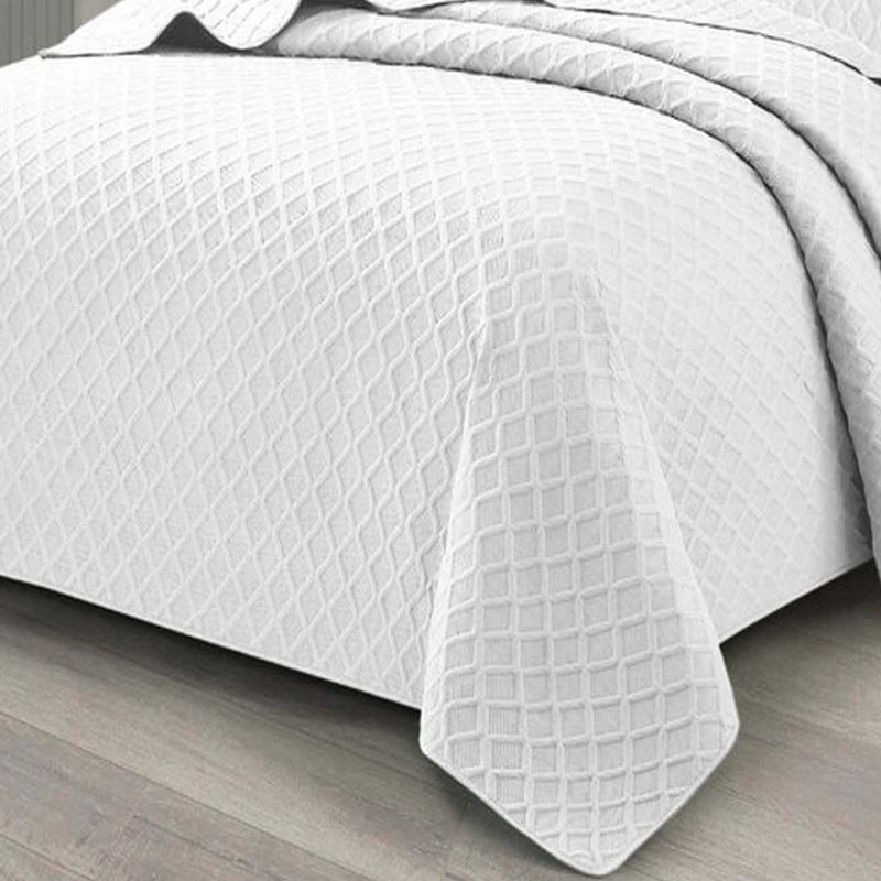 Bedspread Diamond Check Embossed Set with Pillow Shams, Textured All-Season Comfort, Single, Double, King & Super King, White