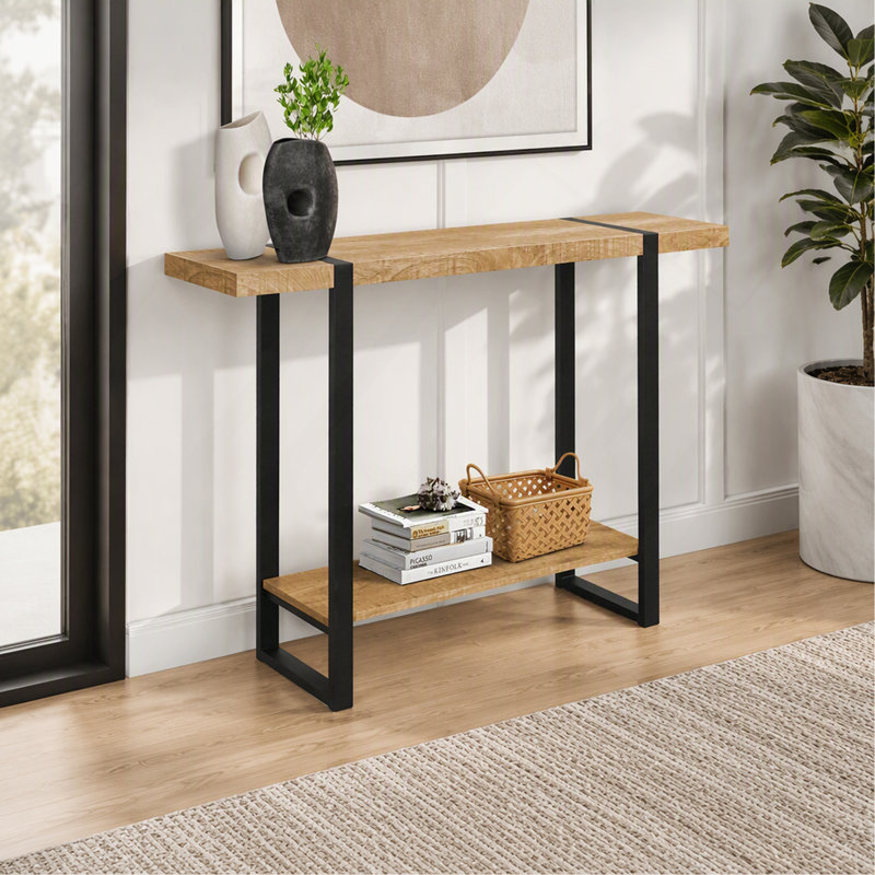 Table d'appoint, console, vestibule, étroit, canapé, salon, chambre à coucher, stratifié aspect bois de manguier, métal noir, contemporain, moderne