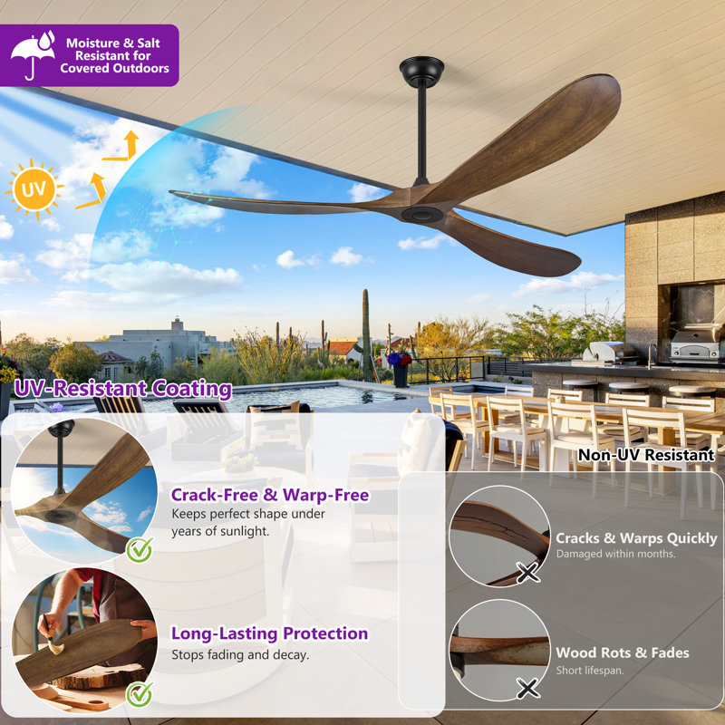 72" 3 - Blade Wood Ceiling Fan with 6-Speed Remote Control without Lights, Reversible Motor, Timer & Memory Function, 72"