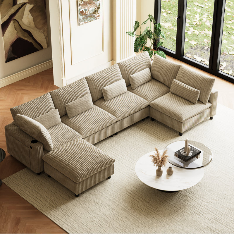 U-Shaped Corduroy Modular Sectional Cloud Sofa Deep Seat Corner Couch With Removable Ottoman, Brown Corduroy