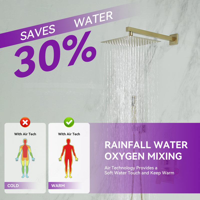 Brushed Gold Stainless Steel Wall Mounted Rain Shower System
