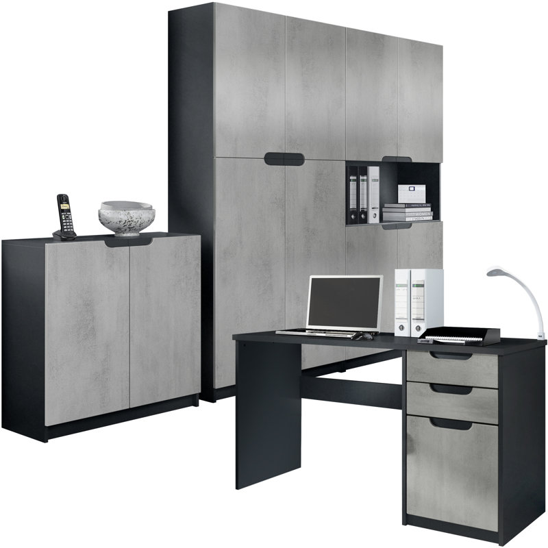 Mazeppa 3 Piece Writing Desk Office Set, Concrete Oxide Optics/Black Base