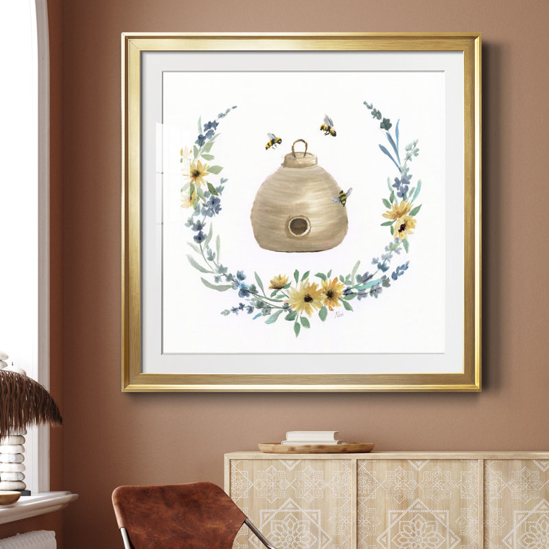 Bumble Bee Hive - Peinture encadrée, H 34,5 po x l 34,5 po x P 1,5 po, Cadre doré