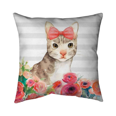 Small cat with flowers - 26"x26" Throw pillow cover - Poly twill - Print on demand