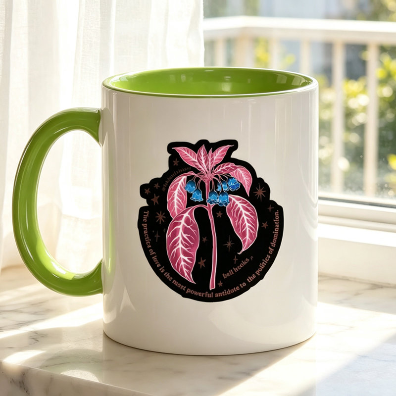 Botanical Floral Star Mug - Vibrant Green Plant with Orange Flowers And Stars Design, Ceramic Coffee Cup for Office Home Daily Use.