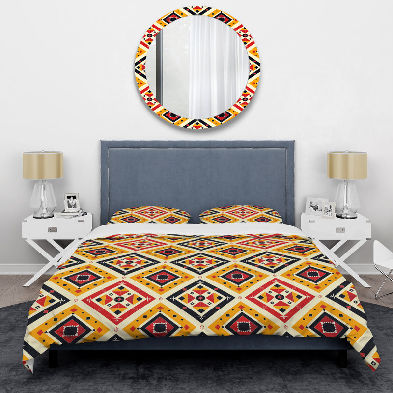 Red Aztec Tiles III - Tiles Duvet Cover Set, King Duvet Cover + 2 King Shams
