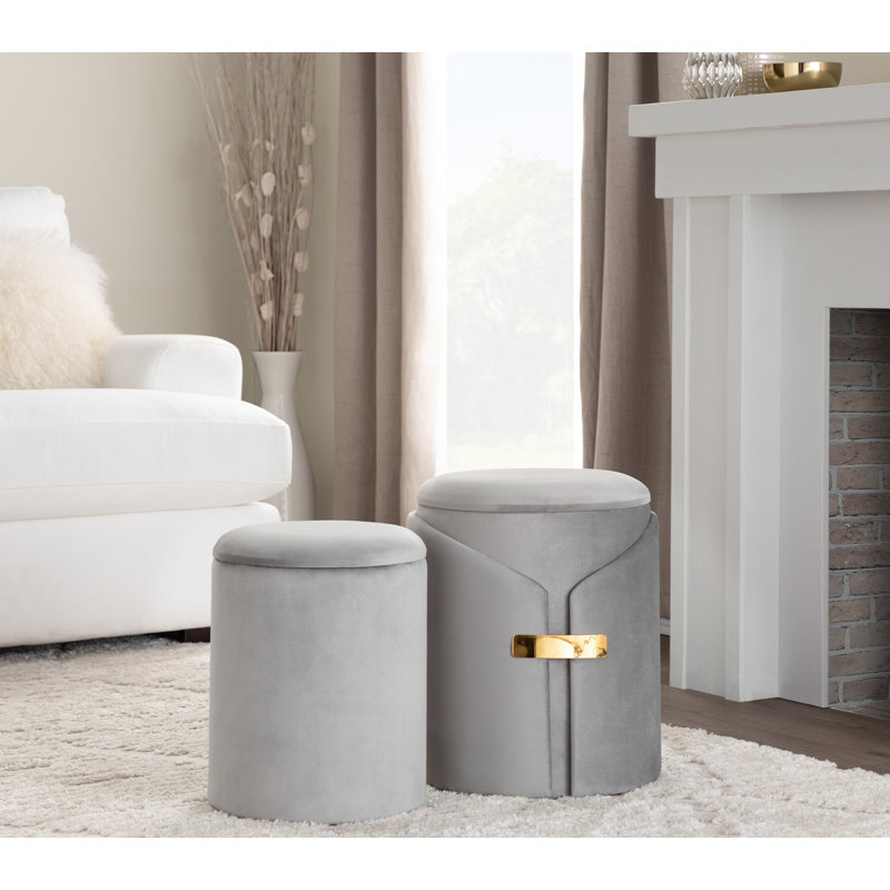 Violetta Round Velvet Nesting Storage Ottoman Set, Silver