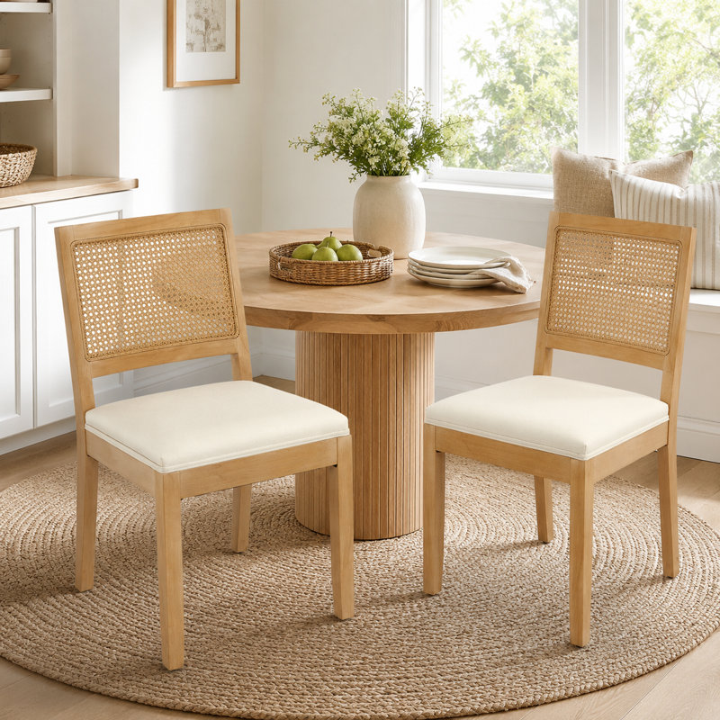 Farmhouse Cane Back Wood Dining Chair with Upholstered Seat, Beige
