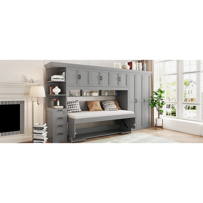 Lit simple mural gris avec garde-robe et tablettes - idéal pour une vie multifonctionnelle, beaucoup de rangement, lit simple, lit simple, gris, armoire, tablettes, longue durée