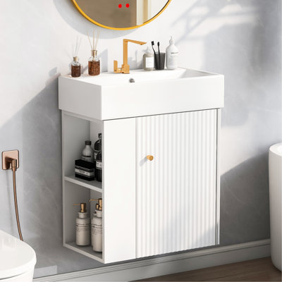 Meuble-lavabo de salle de bain moderne - 21,6 po, lavabo en céramique, rangement à gauche, super armoire d'apparence blanche 21,6 po, fermeture en douceur