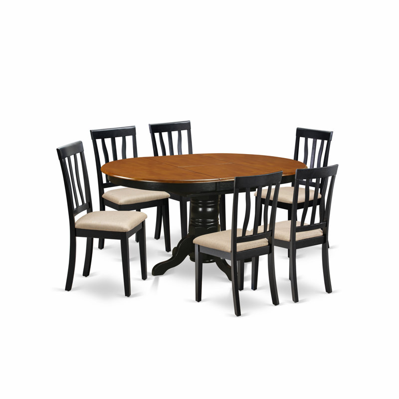 L'ensemble de table de cuisine 7 pièces se compose d'une table de salle à manger ovale avec rallonge papillon et de 6 chaises de salle à manger rembourrées en tissu de lin