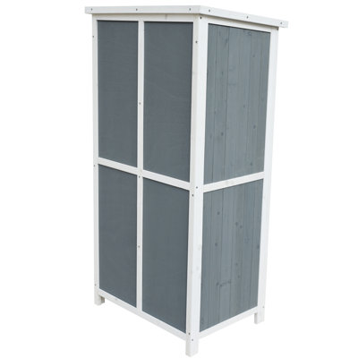 Remise de rangement de 54 pouces en deux tons gris et blanc, porte sécurisée pour un accès facile, fournitures de jardinage extérieur à 5 compartiments de 54 po avec agencement de couleurs, drainage de l'eau sur le toit en pente et débris