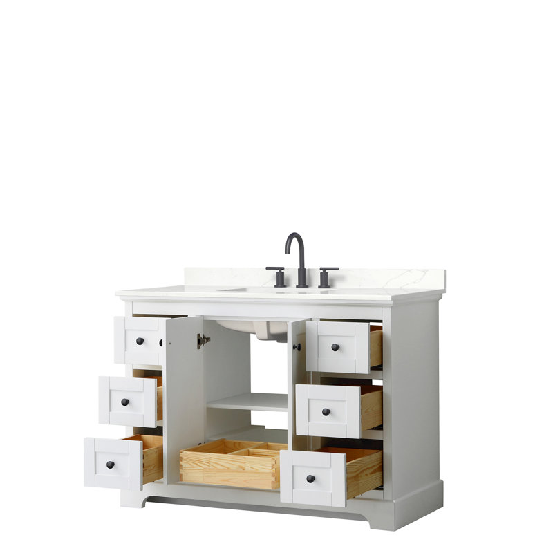Meuble-lavabo simple autoportant avec plateau en quartz Avery, Quartz Giotto, Blanc, Or brossé
