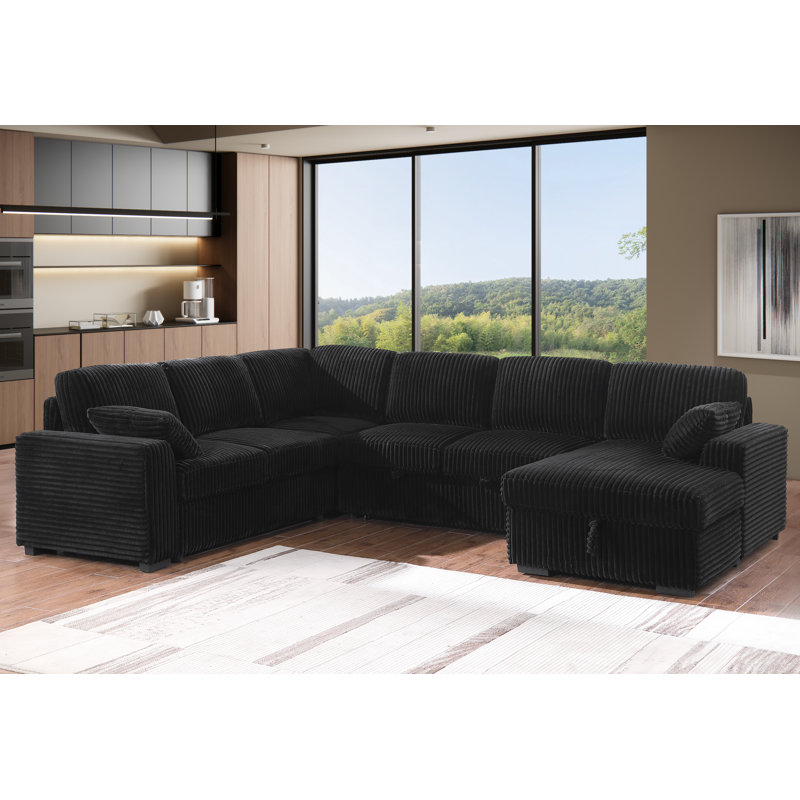 U-Shaped Sleeper Sectional with Integrated Storage , Black Corduroy