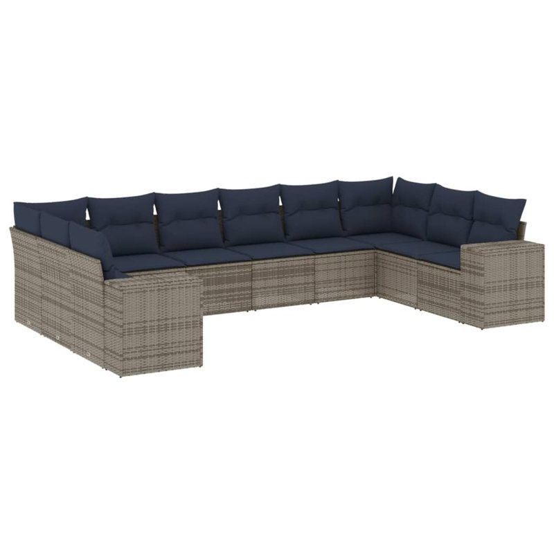 11 Piece Patio Sofa Set With Cushions Brown Poly Rattan, Navy Blue Cushion/Gray Frame