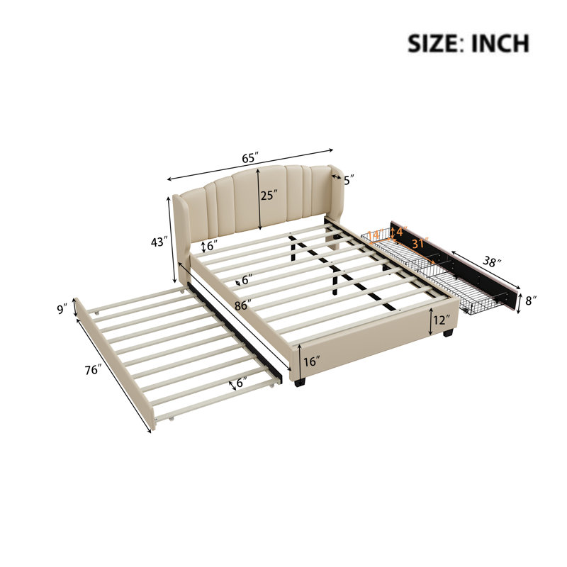 Grand lit plateforme tapissier à oreilles avec lit gigogne et compartiments de rangement sous le lit, beige