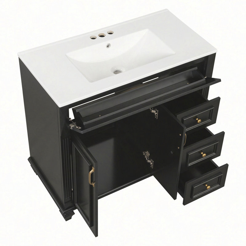 Meuble-lavabo de 36 po avec lavabo, meuble-lavabo avec tiroir rabattable, 3 tiroirs, 2 portes à fermeture en douceur, bois massif et panneau de fibres à densité moyenne, quincaillerie dorée élégante