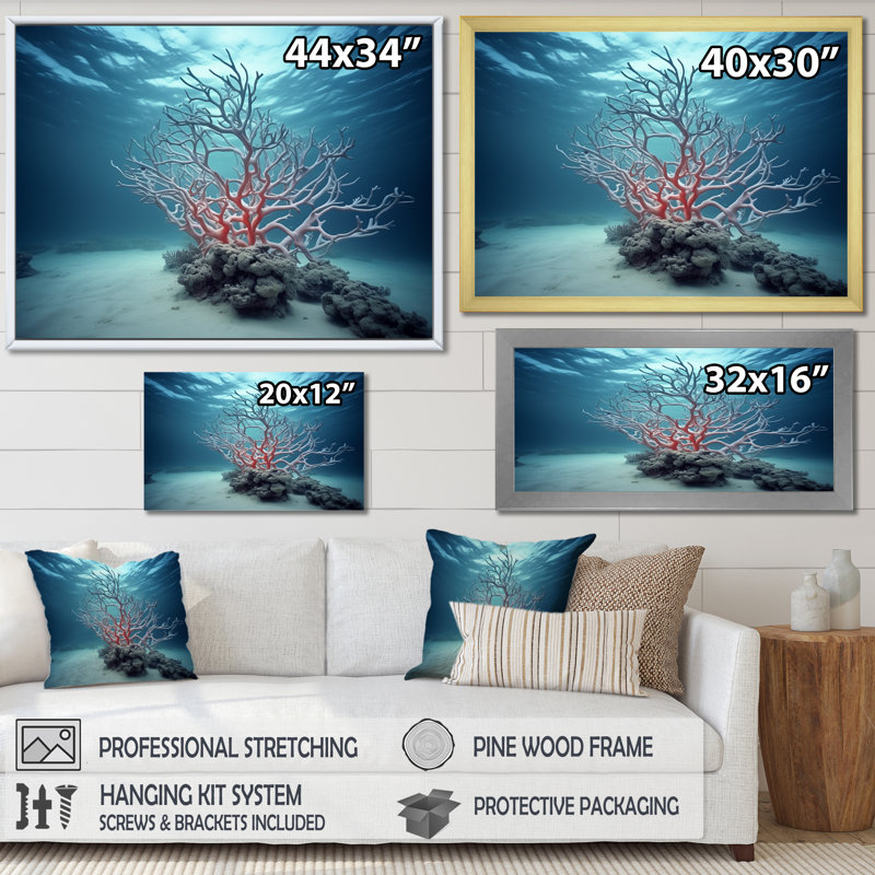 "Pink Branching Coral Serenity", reproduction d'art sur toile, H 16 po x l 32 po, Cadre flottant doré