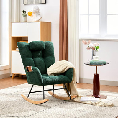 Nursery Rocking Chair,300Lb Glider Chair With Wood Legs/Two Side Pockets,Teddy Upholstered Glider Rocker With Padded Seat High Backrest For Living Roo by Yuan Home