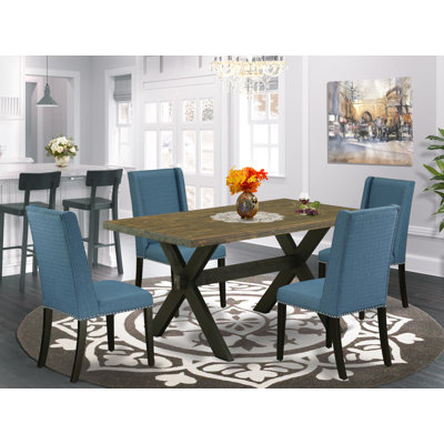 5 Piece Dining Room Table Set Includes a Rectangle Kitchen Table with X-Legs and 4 Blue Linen Fabric Parson Dining Chairs, Wire Brushed Black Finish