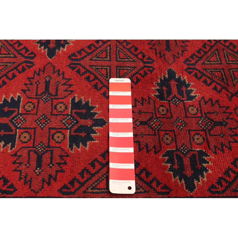 Tapis rouge foncé en laine noué à la main de conception unique 3 pi 4 po x 4 pi 8 po One Age