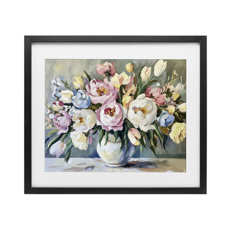 «Pastel Peony Bunch Bouquet», reproduction sous verre encadrée, design par Petal Prints Design, H 13 po x l 16 po