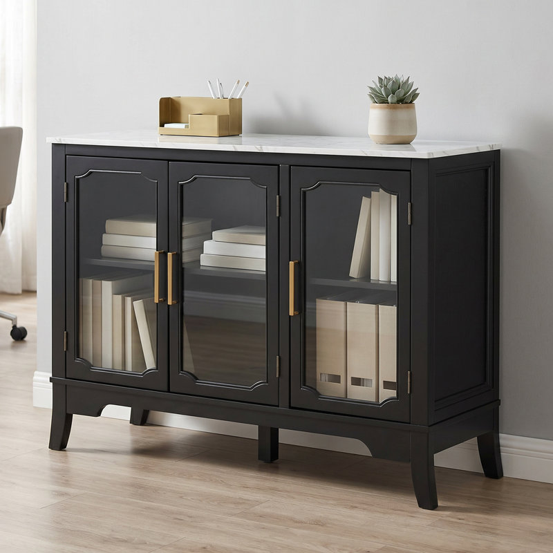 Armoire de rangement de bureau 47 po à 3 portes avec tablettes réglables, Noir