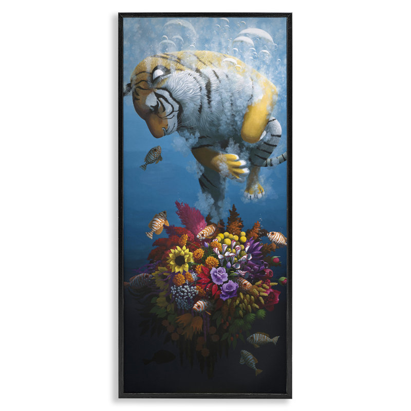 Curious Tiger & Underwater Bouquet, giclée encadrée, design par Heather Gauthier, Giclée encadrée noir minuit