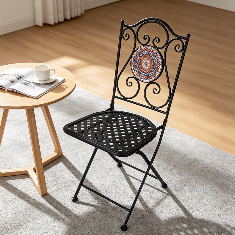 Lot de 2 chaises de bistro pliantes en métal noir avec dossier décoratif en mosaïque, chaises pliantes d'extérieur pour patio
