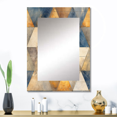 Shanecia beige et bleu triangles mosaïque - grand miroir mural géométrique, miroir géométrique unique, art imprimé en métal