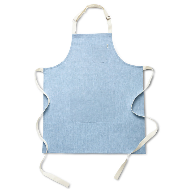 Linen Bib Apron - 100% Pure Linen Apron, Light Blue/Ivory