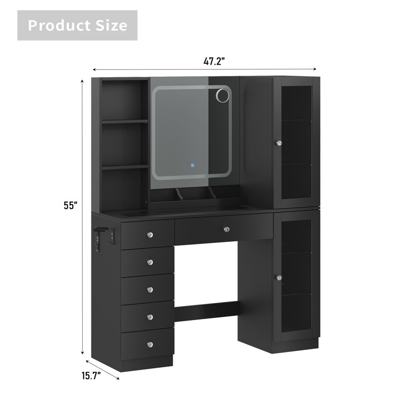 Makeup Vanity With LED Mirror & 2 Cabinet, 6 Drawers Vanity Desk With Power Outlet, 3 Color Modes, Brightness Ajustable, Glass Top And Storage Box, Dressing Table With Chair For Bedroom
