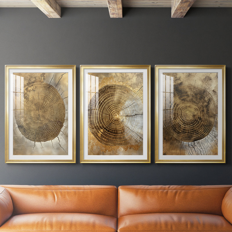 ABSTRACT Series CCXI - Impression encadrée sur mesure de qualité supérieure - 3 pièces, H 30 po x l 63 po, Doré